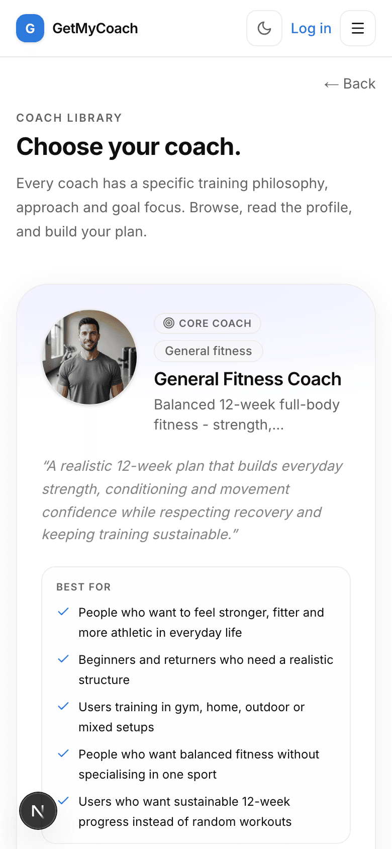 The GetMyCoach coach library on a phone, showing specialist coaches and their philosophies