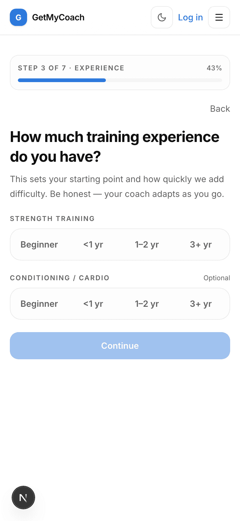 GetMyCoach onboarding experience step — your training experience for strength and conditioning