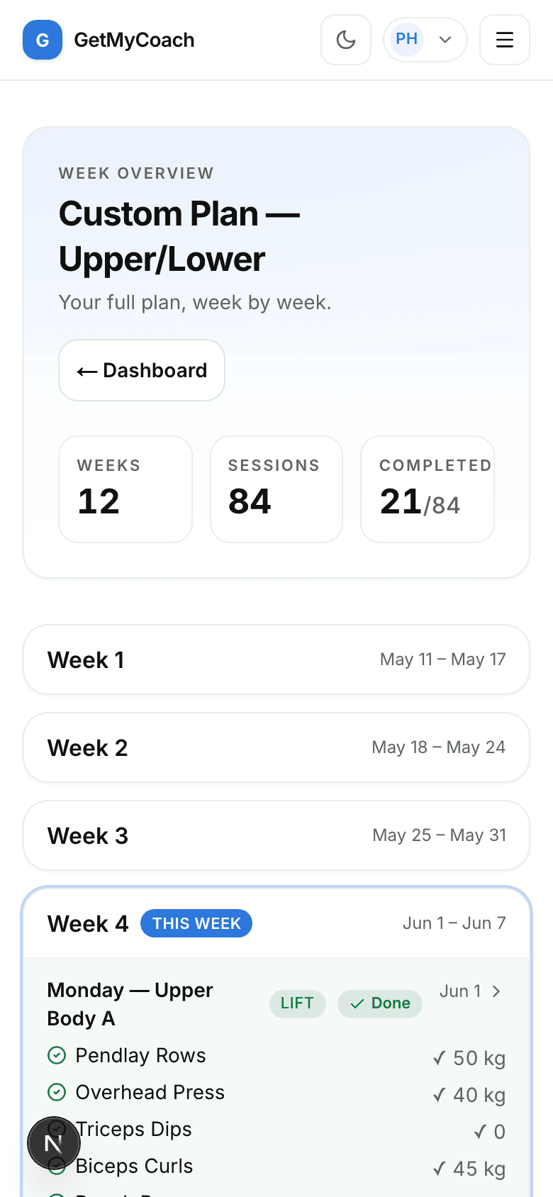 GetMyCoach plan overview on a phone, showing the 12-week structure